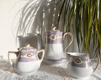 Noritake Coffee Pot Set | Floral Lavender 3 Piece Tea Service, Art Deco Sugar Pot and Creamer, Gold Trim