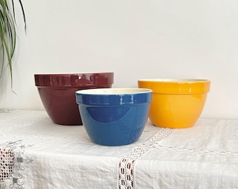 Vintage Crate & Barrel Addison Bowls | 3-Piece Colorful Mixing Bowls Set Burgundy, Blue, Yellow