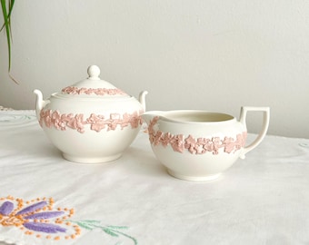Wedgwood Queen's Ware Creamer + Sugar Set | Vintage Pink on Cream Embossed English Tea Service China