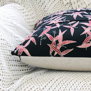 Vintage Pillow, Pink Bamboo leaves on Black Silk, Kimono Fabric, Decorative Pillow Cover, Pillow Cover 20 x 20, Decorative Pillows for Couch image 3