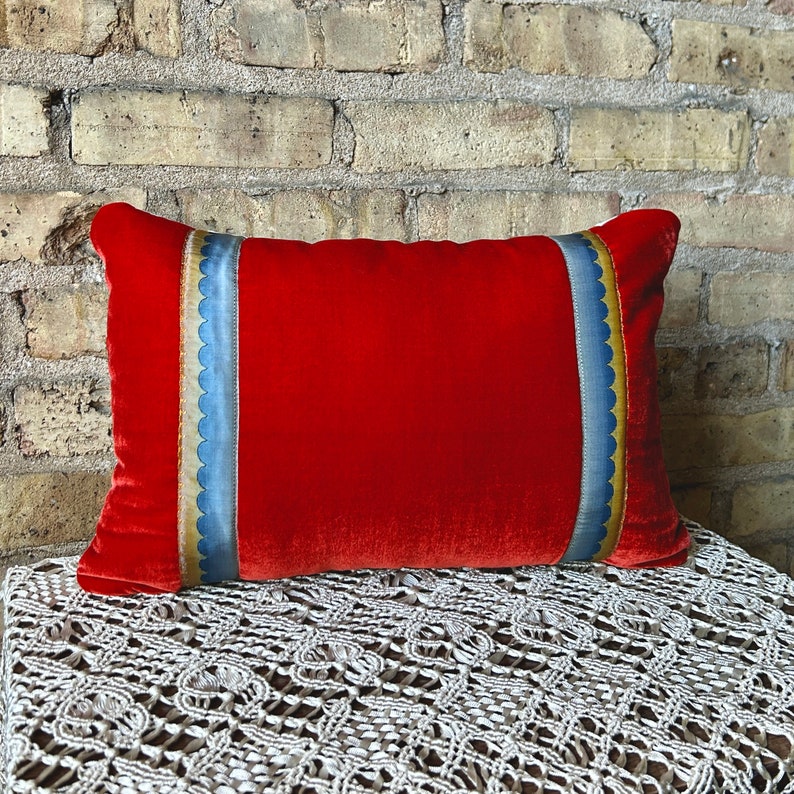 Luxe Embellished Decorative Pillow, Antique French Trim, Art Deco, Unique Decor, Silk Velvet Lumbar Pillow, Decorative Pillow for Couch, Bed image 5