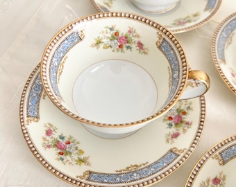 Vintage Blue Floral Teacup Sets | Noritake Footed Coffee Cups & Saucers, Shabby Cottage Dishes