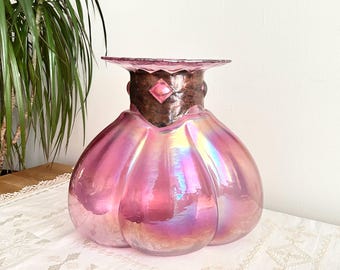 Silvestri Pink Bubble Vase | Vintage Mouth Blown Glass with Brass Collar