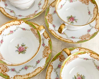 Vintage Floral Teacup Sets | Noritake "Londres" Footed Coffee Cups & Saucers, Shabby Cottage Dishes