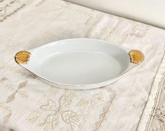 Georges Briard Coquille D'Or Dish | Vintage Shell Handle Oval Serving Bowl, Porcelain Gold Trim