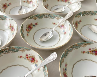 Vintage Floral Cereal Bowls | Aqua Gold Trim Mikasa Windsor Castle China, Shabby Cottage Table