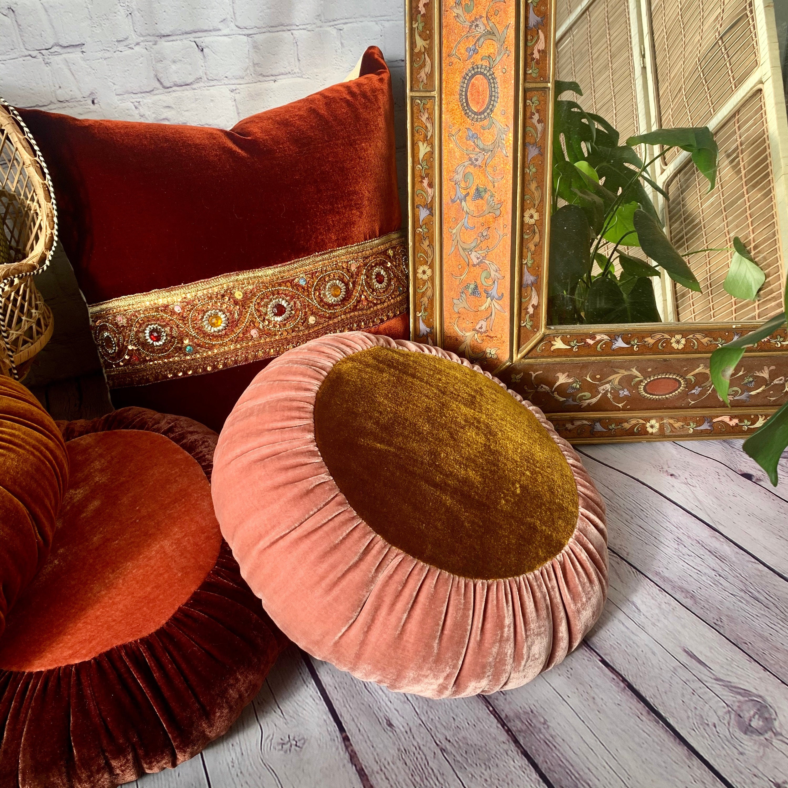 Oreiller Rond en Velours, Oreiller Décoratif, Oreillers Pour Canapé, Lit, Velours de Soie, Ambre, Ro