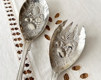 Silverplate Berry Servers | Vintage Repoussé Spoon and Fork Serving Set