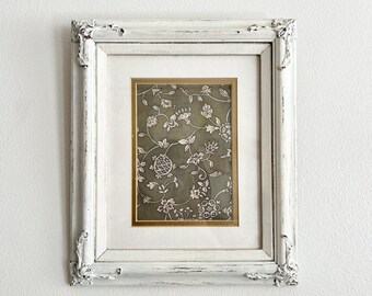 Shabby Framed Kimono Textile | Vintage Olive Green Silk Floral Wall Art in Decorative White Frame