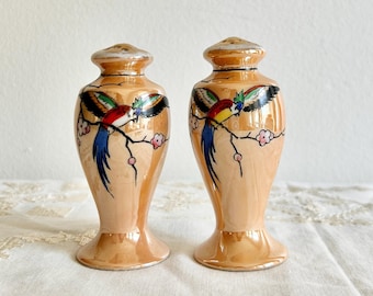 Peach Lusterware Salt Shakers | Vintage Japanese Salt and Pepper Set with Parrot, Repaired