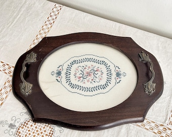 Vintage Wooden Needlepoint Tray | Framed Floral Handled Serving Piece with Decorative Handles, Cottagecore Home Decor