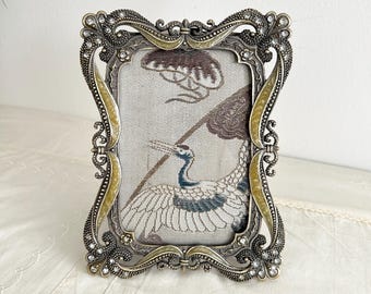 Framed Antique Silk Obi Textile with Embroidered Crane, Budoir Decor