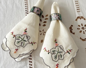 Vintage Abalone Shell Napkin Rings + Embroidered Floral Napkins, Set of 2