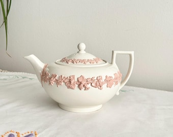 Wedgwood Queen's Ware Teapot | Vintage Pink on Cream Embossed English Cottage China, Rare Collector's Pattern