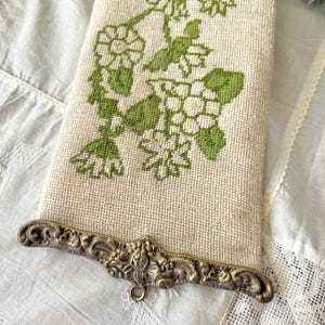 Vintage Needlepoint Bell Pull, 52” Floral Wall Hanging, Green Flowers, Ornate Brass Hardware