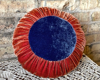 Coussin rond en velours de soie de 12 po., coussin décoratif, art déco, bleu denim + or rose, décoration d'intérieur en velours