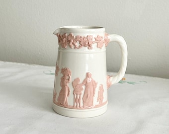 Wedgwood Queen's Ware Small Jug | Vintage Pink on Cream Embossed English Tea Service 4oz Creamer