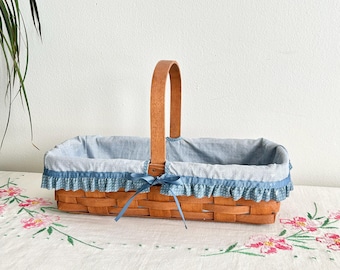 Vintage Longaberger Basket | 1989 Cottagecore Handled Basket with Blue Floral Ruffled Liner and Ribbon