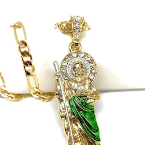 Collar de San Judas Cadena Fígaro chapada en oro de 14K/ Medalla San Judas Tadeo Oro Laminado Figaro Cadena
