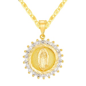 Virgen Mary CZ Round 14K Gold Plated Necklace