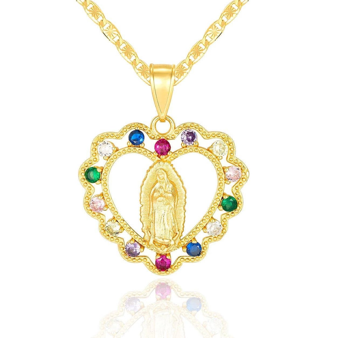 Virgen Mary Heart CZ Colorful 14K Gold Plated Necklace - Etsy