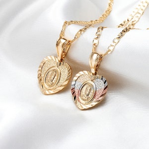 Virgen Mary Necklace Heart Gold Plated/ Guadalupe Medalla 14K Oro Laminado