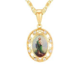 Saint Jude CZ Oval Necklace Gold Plated ~ San Judas Tadeo Medalla Oro Laminado 14K