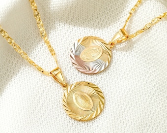 Guadalupe Collar Medalla Redonda Virgen María Collar 14K Chapado en Oro Oro Laminado