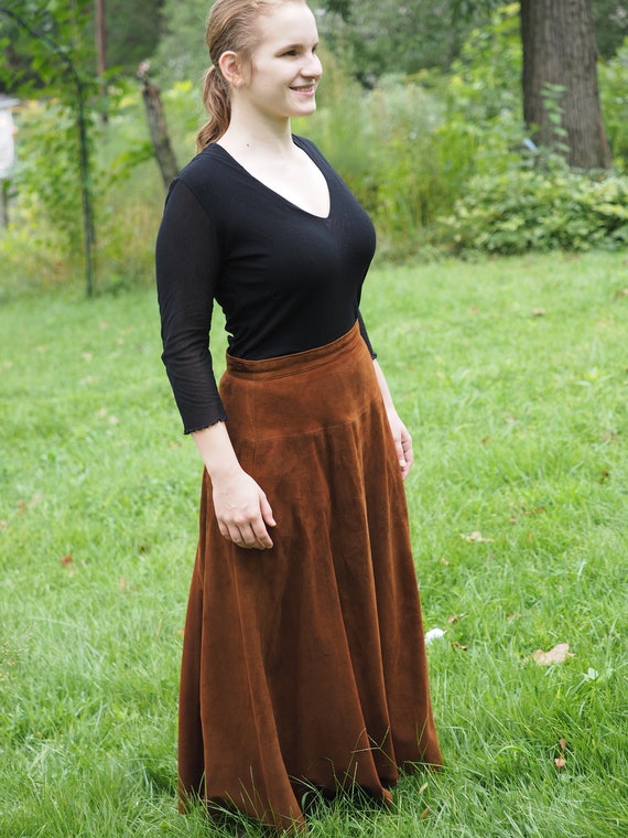 Vintage 1970's Suede Leather Caramel Brown Long Sk