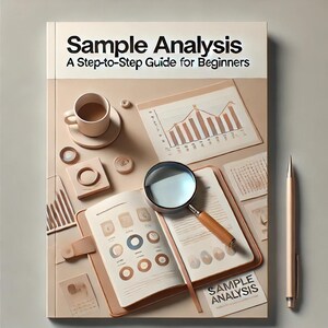 Op de afbeelding: Een beige boek met de titel "Sample Analysis: A Step-to-Step Guide for Beginners" op de omslag. Het boek is open om een pagina te laten zien met een grafiek en een vergrootglas. Er liggen andere kantoorbenodigdheden op de tafel, waaronder een kopje koffie, een potlood en een notitieblok.
