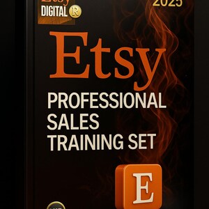 Op de afbeelding: Een zwarte boekomslag met de titel "Etsy PROFESSIONAL SALES TRAINING SET" in oranje en witte tekst. De omslag bevat ook het Etsy Digital-logo, een VIP-badge en het copyrightjaar 2025. Een oranje vierkant met een witte "E" staat onderaan.