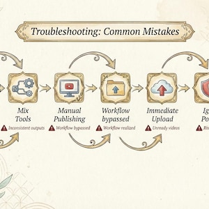 Troubleshooting guide for AI video automation in a vintage watercolor style. The diagram lists common mistakes like skipping planning, mixing tools, and ignoring policies, using hand-drawn icons and gold decorative elements on a textured parchment background