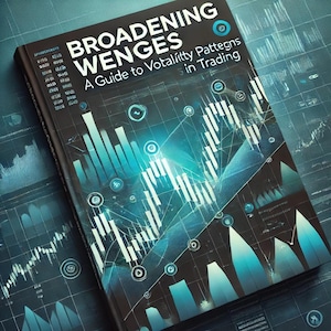 May include: A book titled "Broadening Wenges: A Guide to Volatility Patterns in Trading" with a dark cover featuring a teal and white bar graph design. The book is set against a background of similar charts, creating a cohesive theme.