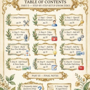 Table of Contents for a step-by-step AI video automation setup guide. The sections include creating a workflow account, setting up OpenAI API keys, configuring Voice AI and video generation engines, building the first workflow, adding visual and voice nodes, assembling final video and audio, and connecting to YouTube publishing. It also includes an FAQ and a Legal Notice section