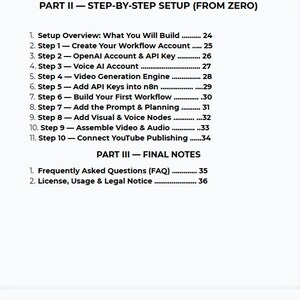 May include: A page from a guide titled "PART II - STEP-BY-STEP SETUP (FROM ZERO)". The guide lists steps for setting up a workflow, including creating an account, adding API keys, and connecting to YouTube. The guide also includes a section on frequently asked questions.