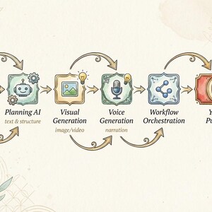 A horizontal infographic diagram with a vintage, watercolor aesthetic showing an automated AI video creation workflow. The steps include User Prompt, Planning AI, Visual Generation, Voice Generation, Workflow Orchestration, and YouTube Publishing, connected by elegant golden arrows on a cream textured background with floral accents.