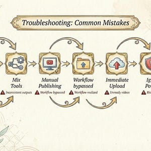 A vintage watercolor-style infographic titled 'Troubleshooting: Common Mistakes' for AI video workflows. It features six illustrated icons with warning signs: Skip Planning (Lack of structure), Mix Tools (Inconsistent outputs), Manual Publishing (Workflow bypassed), Workflow bypassed (Workflow realized), Immediate Upload (Unready videos), and Ignore Policies (Risk of strikes). The design uses elegant gold accents and a cream textured background with leaves.