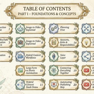 A vintage watercolor-style Table of Contents for an AI automation guide. It features 16 numbered sections with hand-drawn icons on a cream background, covering topics like Introduction, Image-to-Video, Voice Layer, and Common Mistakes. The design is elegant with gold accents and floral illustrations.