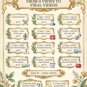 Atechnical roadmap titled 'From 0 Views to ViralVideo outlining a step-by-step AIvideo automation setup. The guide covers 11 essential steps inc account creation, OpenAI API key integration, Voice AI setup, video generation engine configuration, and adding API keys into n8n. It details building a first workflow, adding planning, visual, and voice nodes, assembling the final video/audio, and connecting to YouTube publishing. The page concludes with an FAQ and a license and legal notice section.