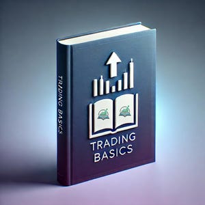 Peut inclure: Un livre bleu avec le titre "Trading Basics" sur la couverture. La couverture présente une icône de livre blanche avec une flèche verte ascendante à l'intérieur, et un graphique à barres blanc avec une flèche ascendante au-dessus.