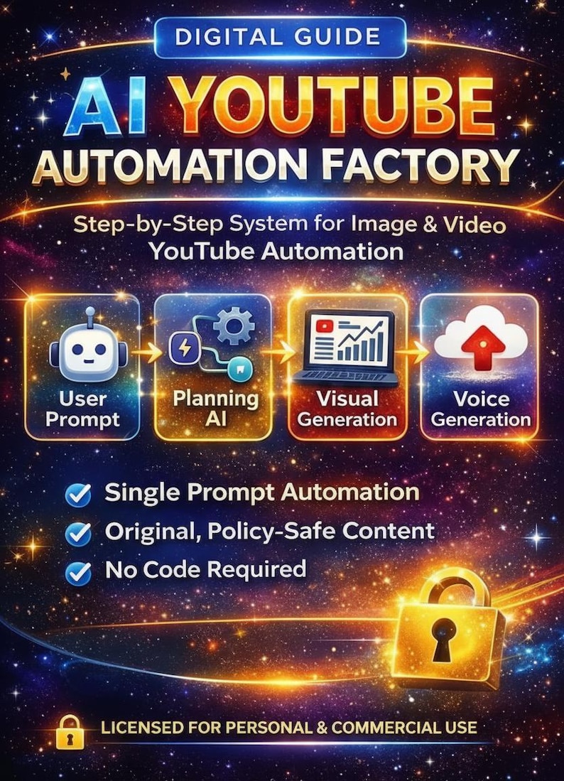 AI YouTube Automation Factory digital guide cover featuring a galaxy background with gold sparks. Icons show a step-by-step workflow: User Prompt, Planning AI, Visual Generation, and Voice Generation. Text highlights: Single Prompt Automation, Policy-Safe Content, and No Code Required.