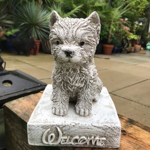 Stone/cre welcome dog - Scottie/Westie terrier with Disney welcome - garden statue -or home decor -