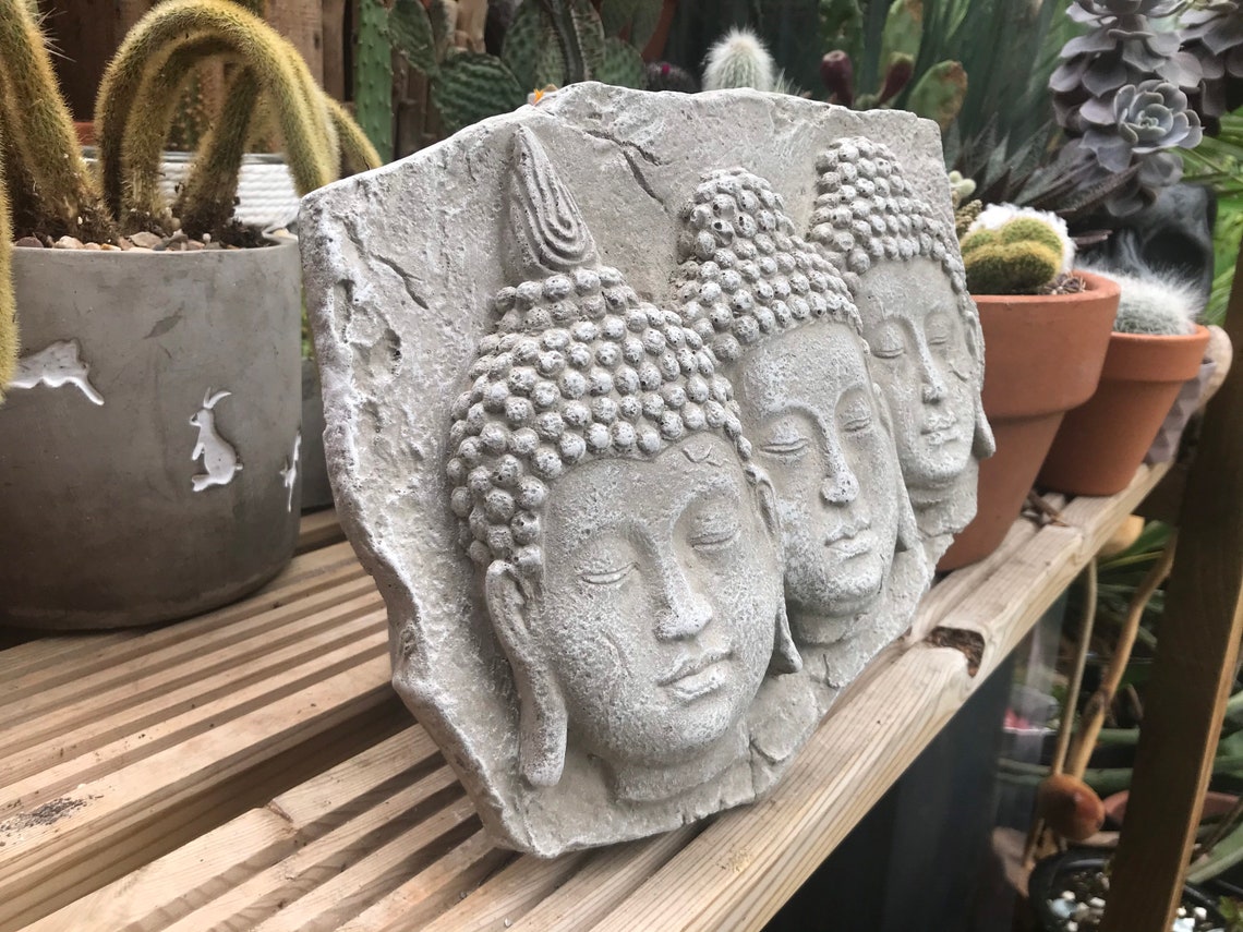 Stone/cre treble Buddha head wall plaque mystical garden | Etsy