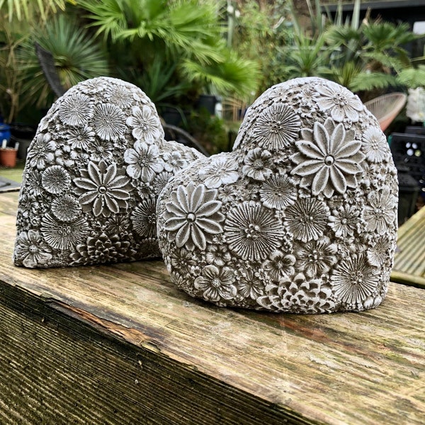 Stone/cre 3D floral heart - garden statue -or home decor - paperweight flowers mothers day present . Pretty ornament