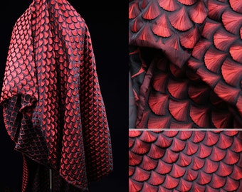 Red Leaves Jacquard Fabric  3D Scalloped  Upholstery Fabric Red and Black Cloth  for Midi Dress Party Uniform 61 inches Width