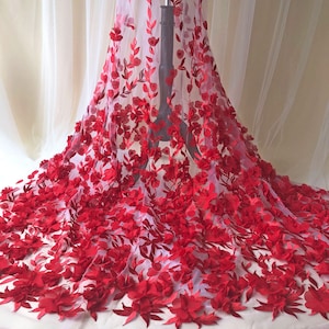 Red  Flower Lace Fabric Charm Red Chiffon Floral  Embroidery Vines Lace Tulle for Party Costumes