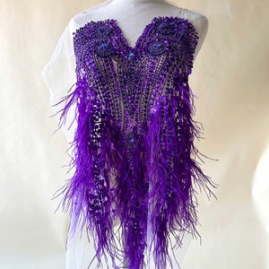 Dark Purple Rhinestone Bodice Deluxe Feather Tassel Applique Trim  Off-shoulder Beaded Applique Patch for Ball Gown