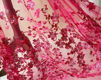 Tela de encaje floral bordado de tul burdeos para vestido de fiesta, 59 pulgadas de ancho