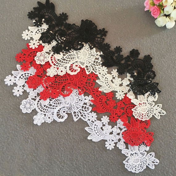 12 Colors Pair of Floral Venice Lace Applique Embroidered Bridal Guipure  Patch Motif (2 Pieces) (Black)