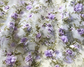 Tessuto in organza con fiori 3D, pizzo in organza con foglie di fiori lilla per abiti da ballo, costumi, larghezza 55 pollici